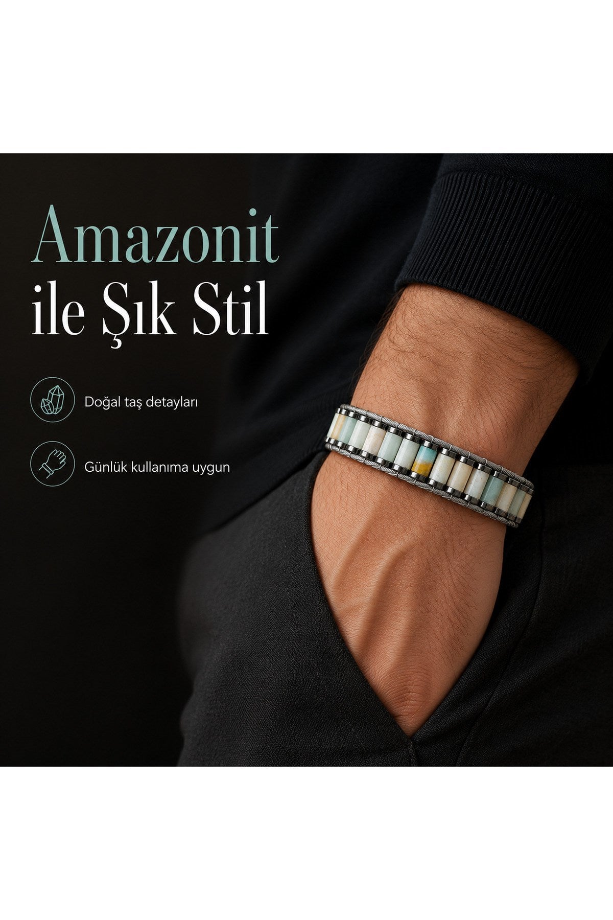 El Yapımı Orijinal Doğaltaş Çelik Erkek Bileklik - Amazonit Özel Tasarım Erkeğe Hediye (21.5 cm)