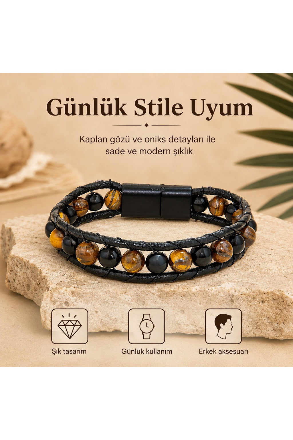 Premium Doğal Taş Tasarım Deri Bileklik Serisi – Gerçek Doğal Taş Kaplan Gözü Ve Onix