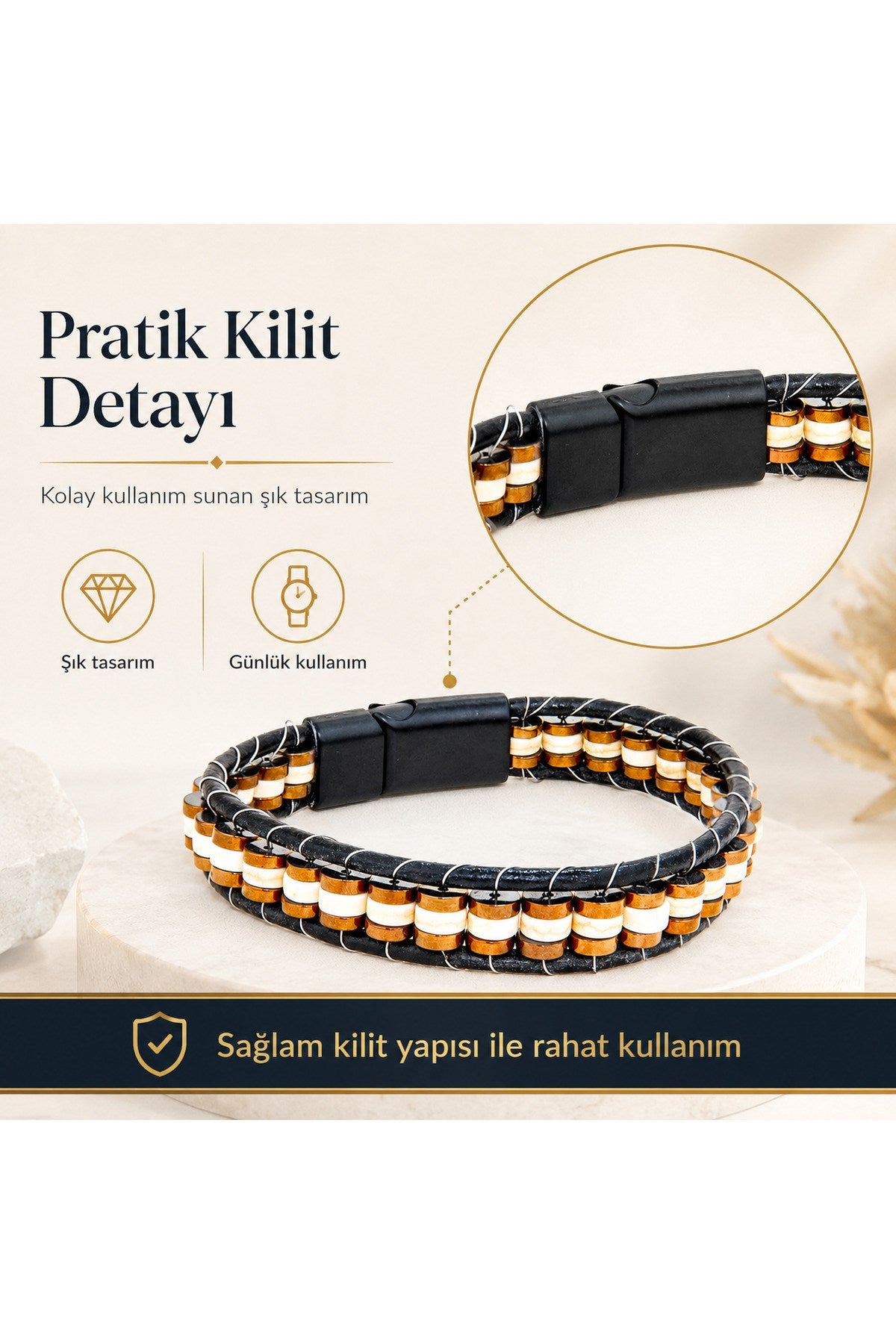 Premium Doğal Taş Tasarım Deri Bileklik Serisi – Gerçek Doğal Taş Kemik