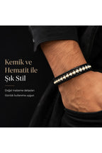 Premium Doğal Taş Tasarım Deri Bileklik Serisi – Gerçek Doğal Taş kemik ve hematit
