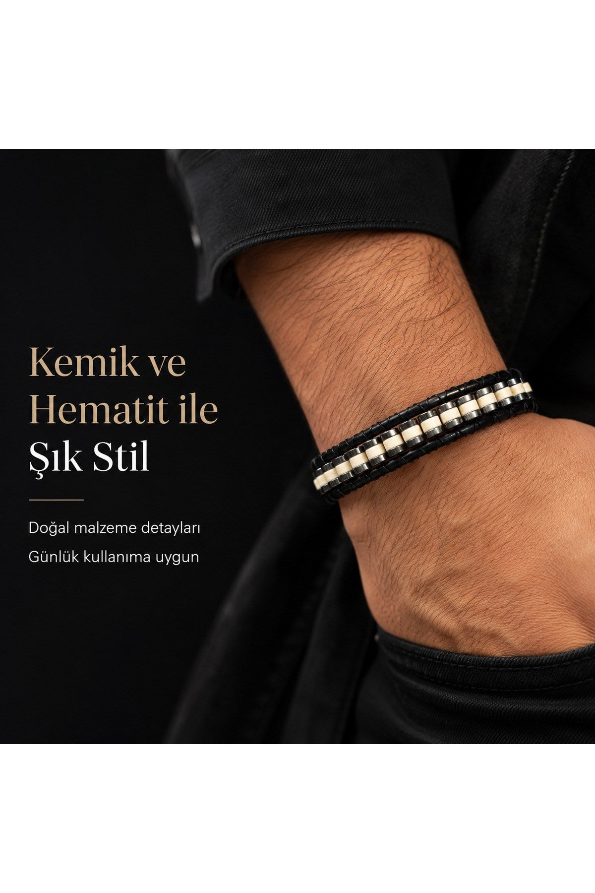 Premium Doğal Taş Tasarım Deri Bileklik Serisi – Gerçek Doğal Taş kemik ve hematit