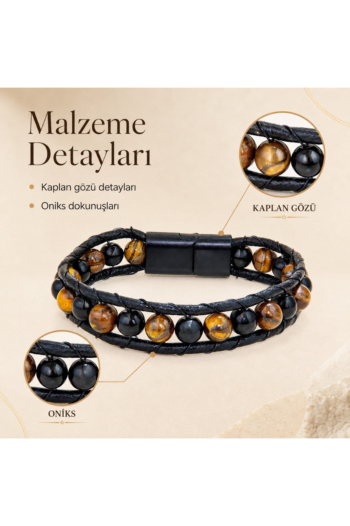 Premium Doğal Taş Tasarım Deri Bileklik Serisi – Gerçek Doğal Taş Kaplan Gözü Ve Onix