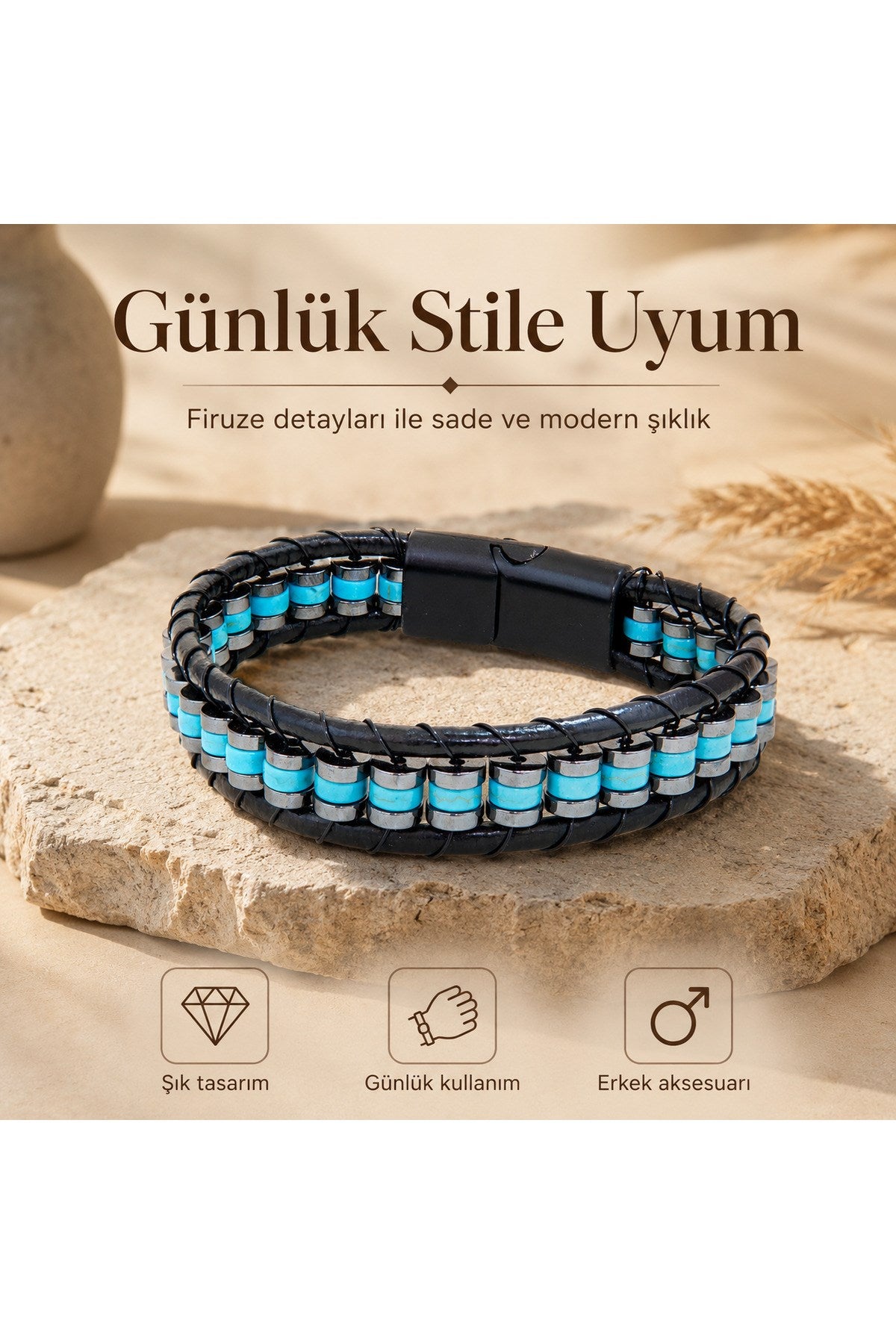 Premium Doğal Taş Tasarım Deri Bileklik Serisi – Gerçek Doğal Taş Firuze
