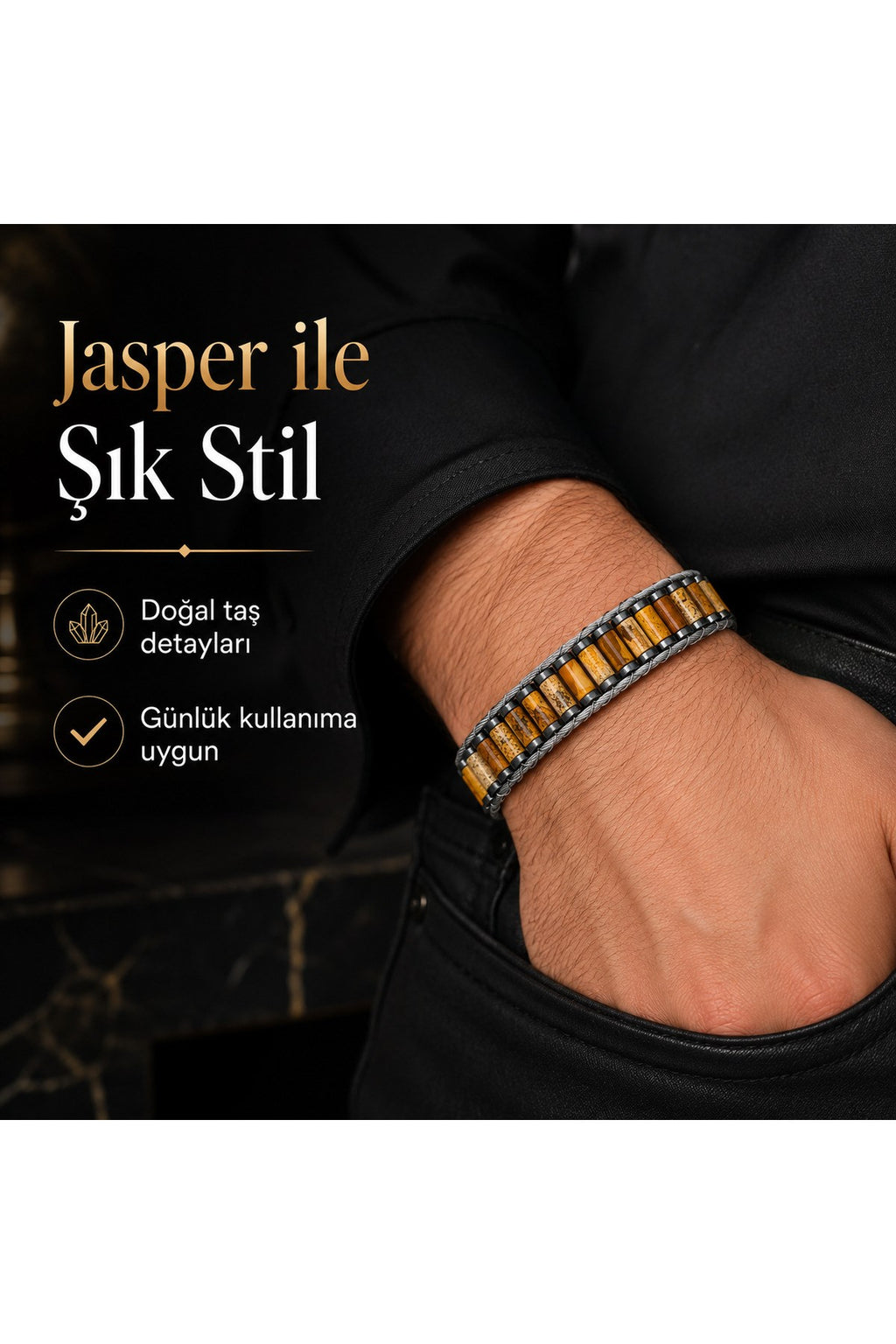 El Yapımı Orijinal Doğaltaş Çelik Erkek Bileklik - Kahve Jasper Özel Tasarım Erkeğe Hediye (21.5 cm)