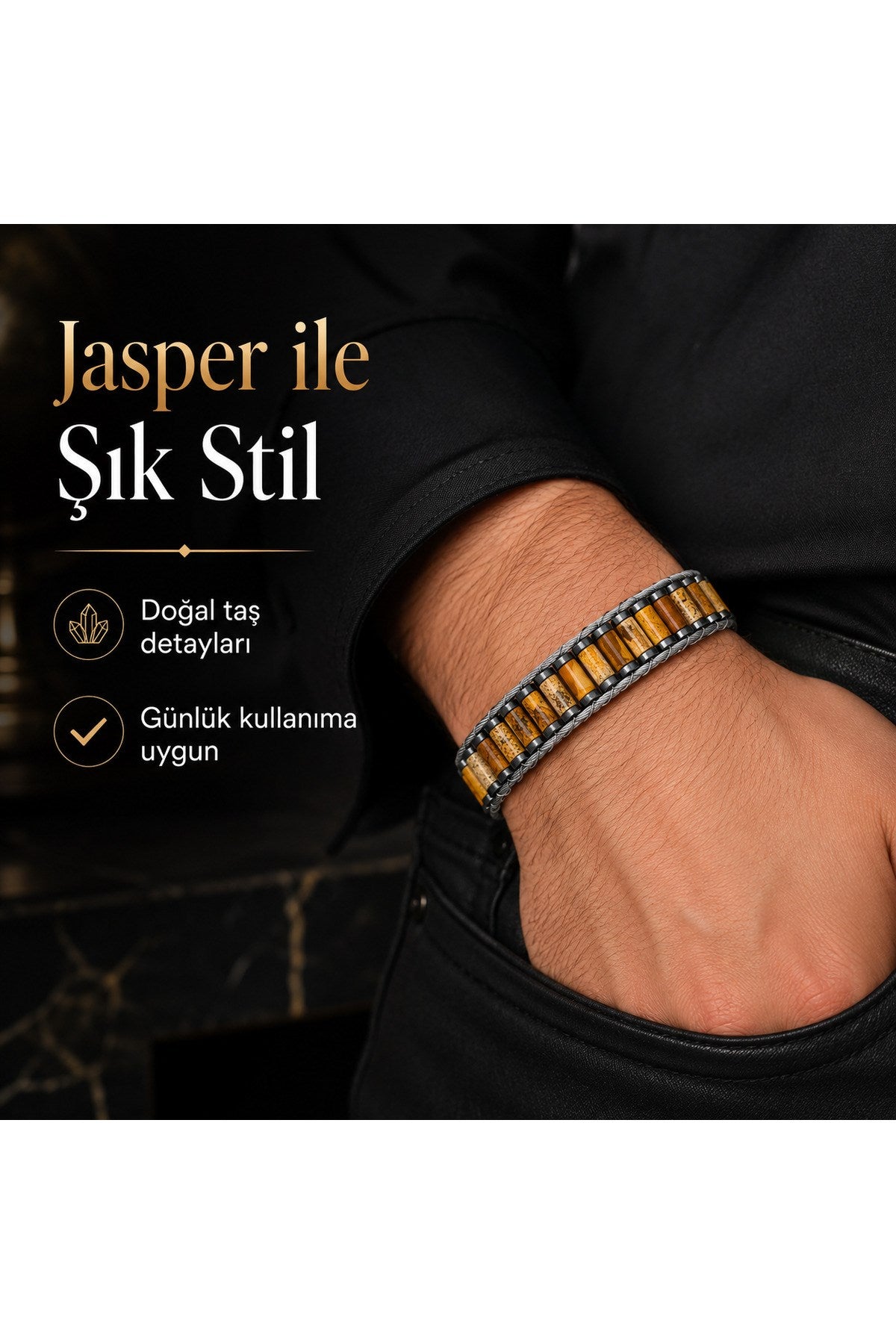 El Yapımı Orijinal Doğaltaş Çelik Erkek Bileklik - Kahve Jasper Özel Tasarım Erkeğe Hediye (21.5 cm)