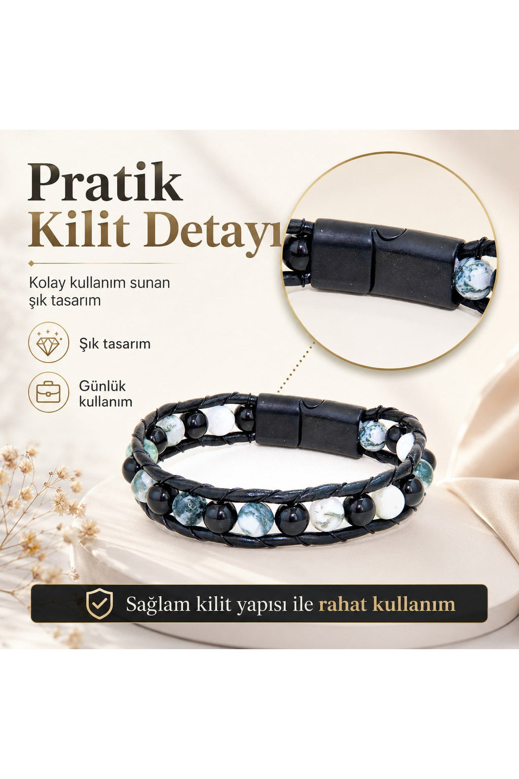 Premium Doğal Taş Tasarım Deri Bileklik Serisi – Gerçek Doğal Taş Yosunlu Akik