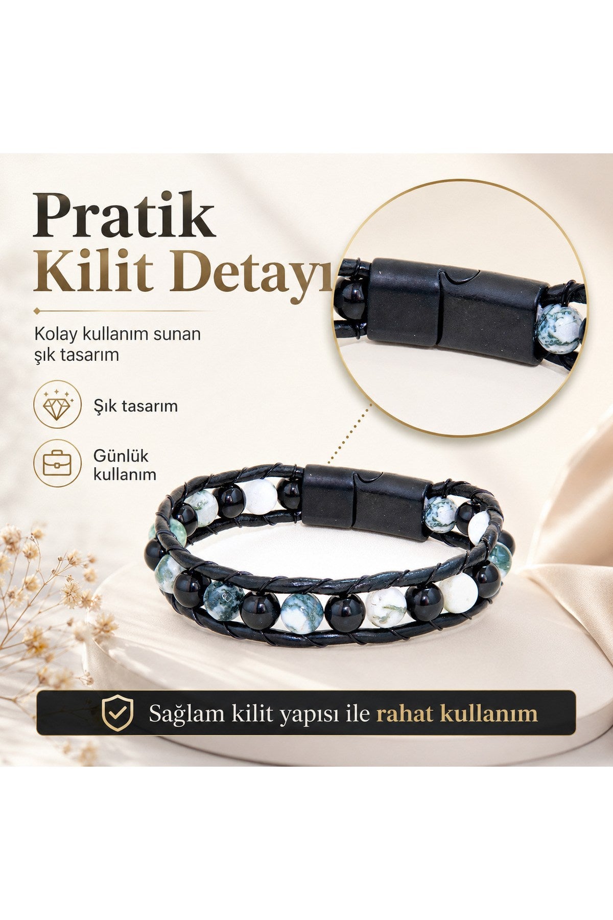 Premium Doğal Taş Tasarım Deri Bileklik Serisi – Gerçek Doğal Taş Yosunlu Akik