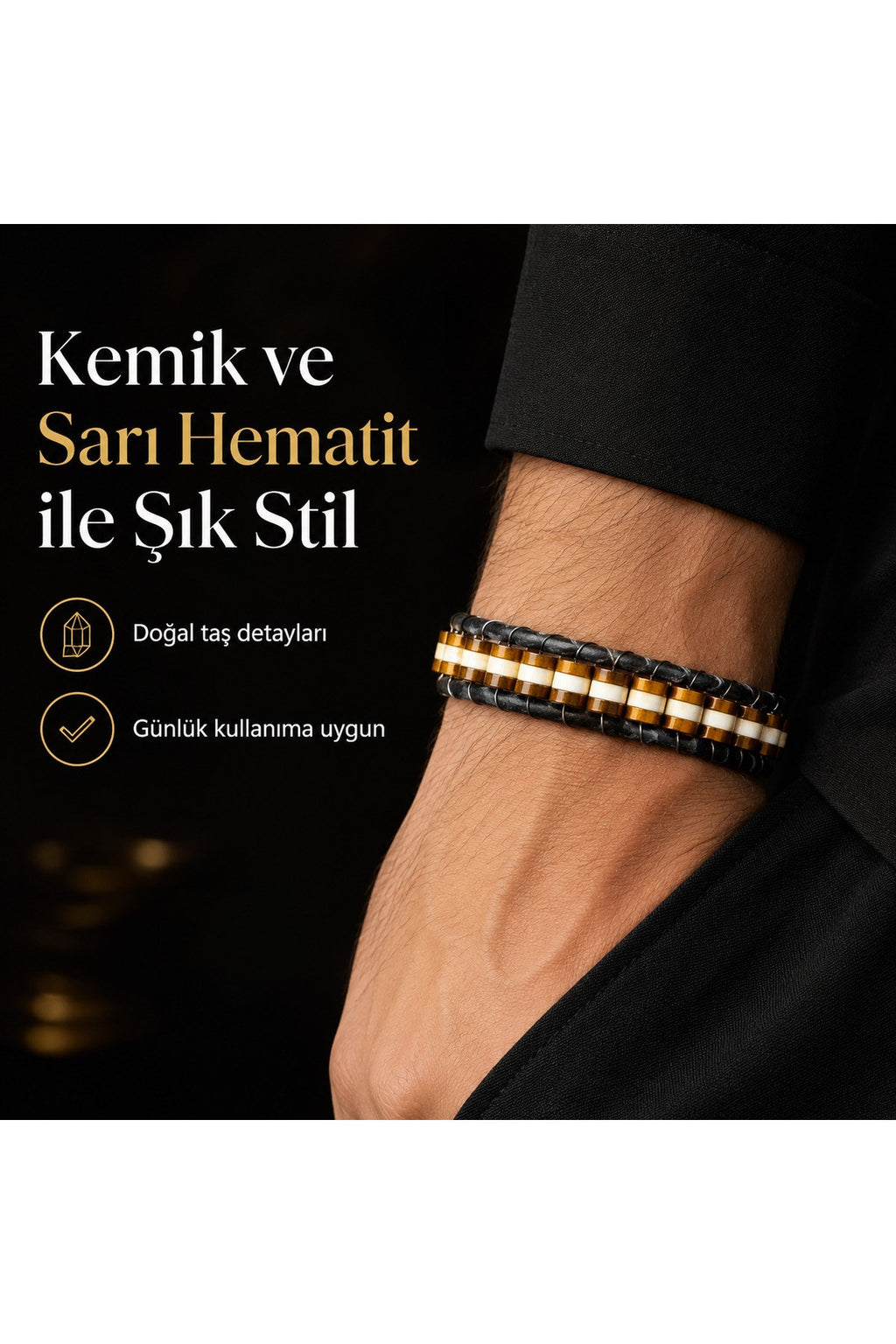 Premium Doğal Taş Tasarım Deri Bileklik Serisi – Gerçek Doğal Taş Kemik