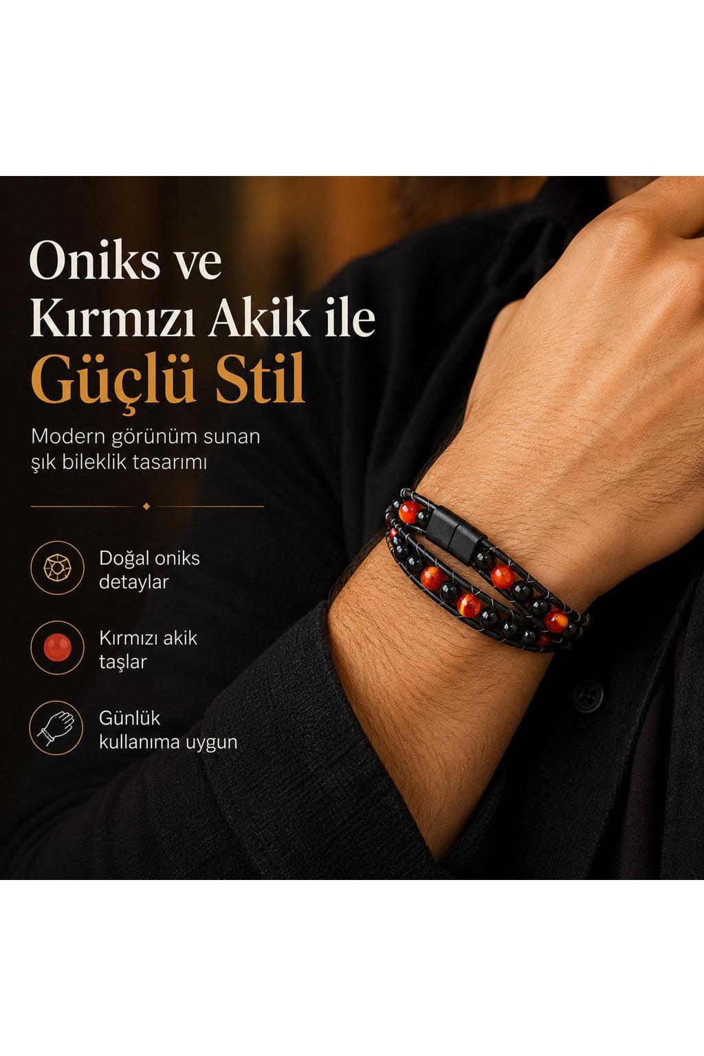 Premium Doğal Taş Tasarım Deri Bileklik Serisi – Gerçek Doğal Taş Kırmızı Akik ve Onix