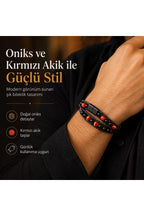 Premium Doğal Taş Tasarım Deri Bileklik Serisi – Gerçek Doğal Taş Kırmızı Akik ve Onix