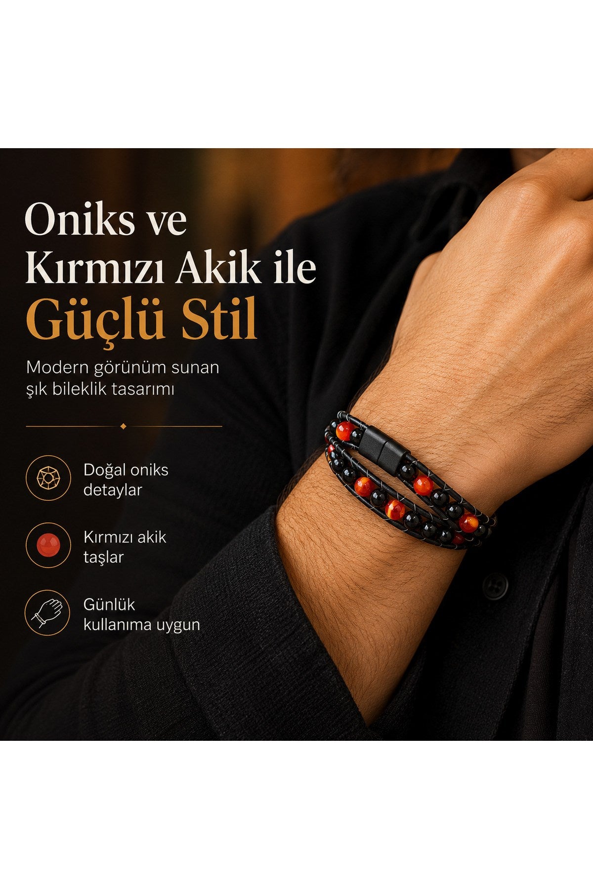 Premium Doğal Taş Tasarım Deri Bileklik Serisi – Gerçek Doğal Taş Kırmızı Akik ve Onix