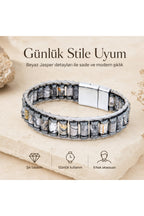 El Yapımı Orijinal Doğaltaş Çelik Erkek Bileklik - Beyaz Jasper Özel Tasarım Erkeğe Hediye (21.5 cm)