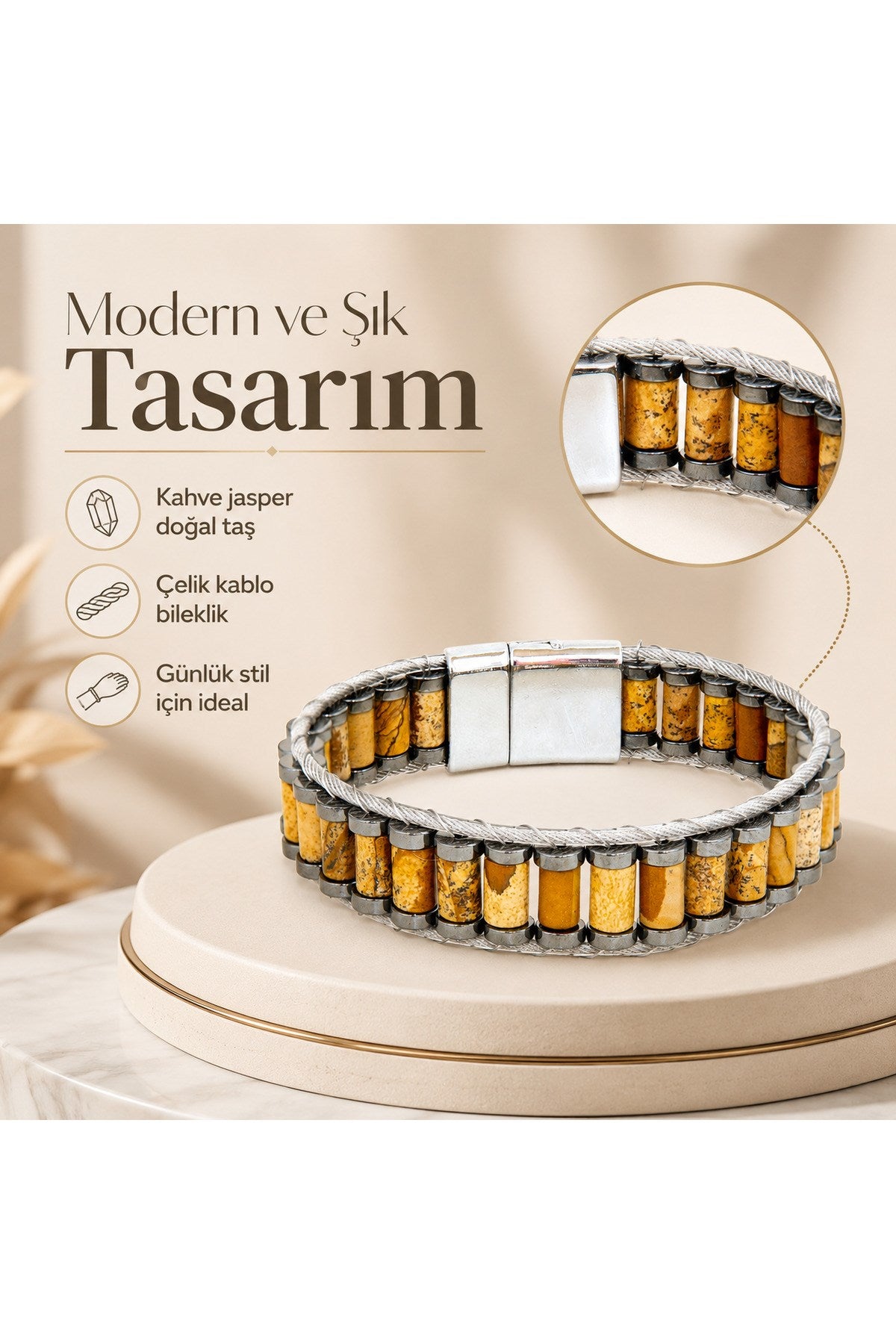 El Yapımı Orijinal Doğaltaş Çelik Erkek Bileklik - Kahve Jasper Özel Tasarım Erkeğe Hediye (21.5 cm)