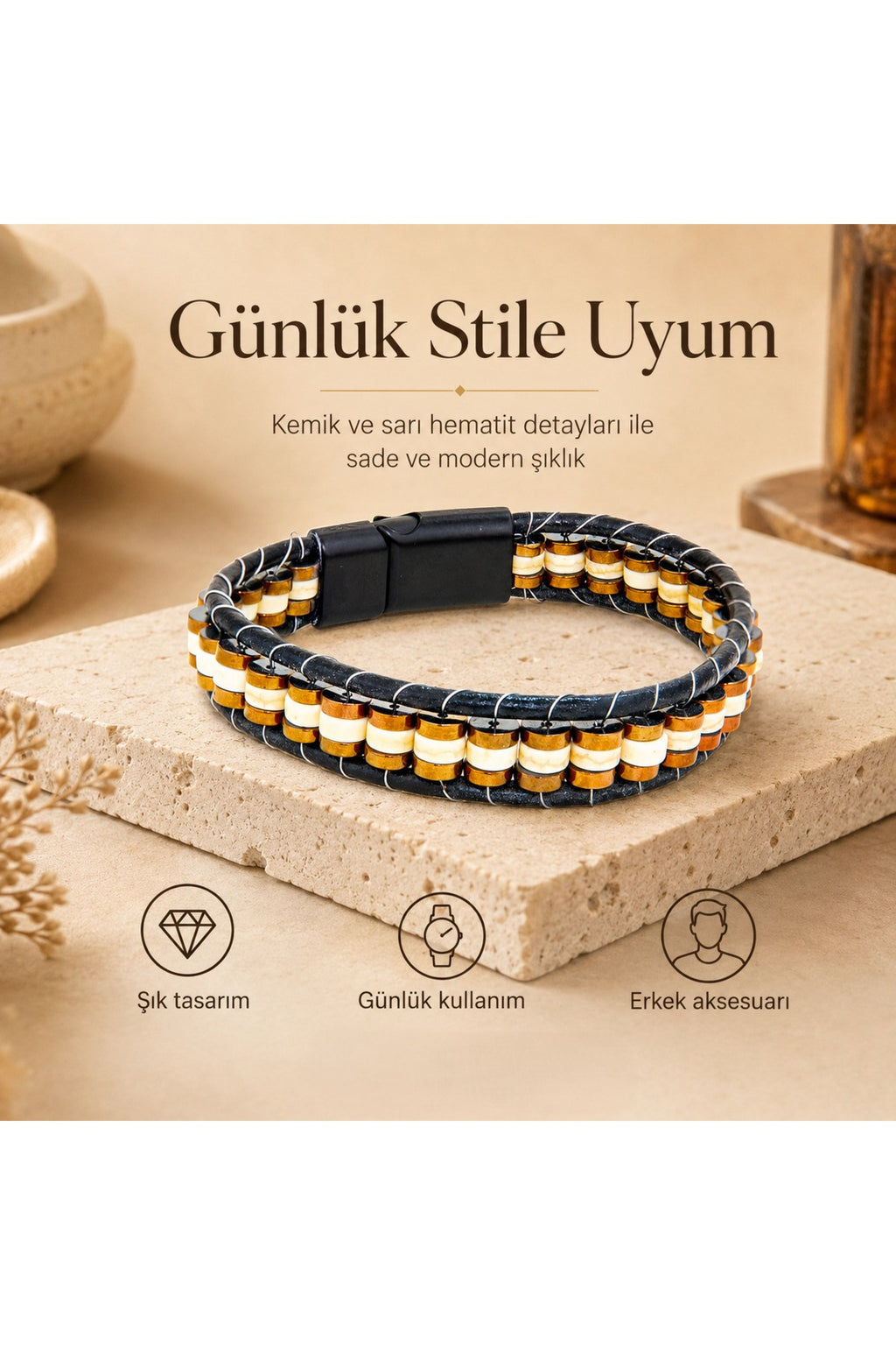 Premium Doğal Taş Tasarım Deri Bileklik Serisi – Gerçek Doğal Taş Kemik