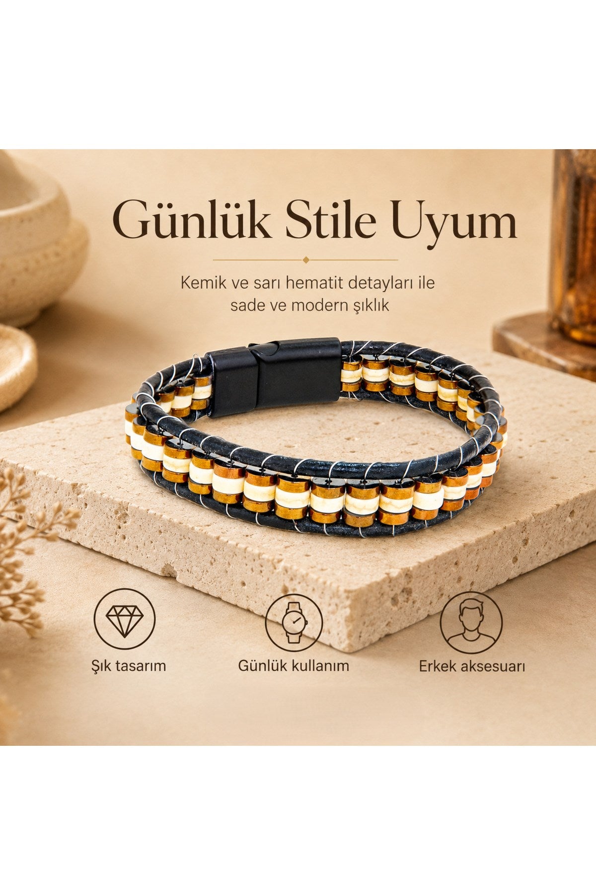 Premium Doğal Taş Tasarım Deri Bileklik Serisi – Gerçek Doğal Taş Kemik
