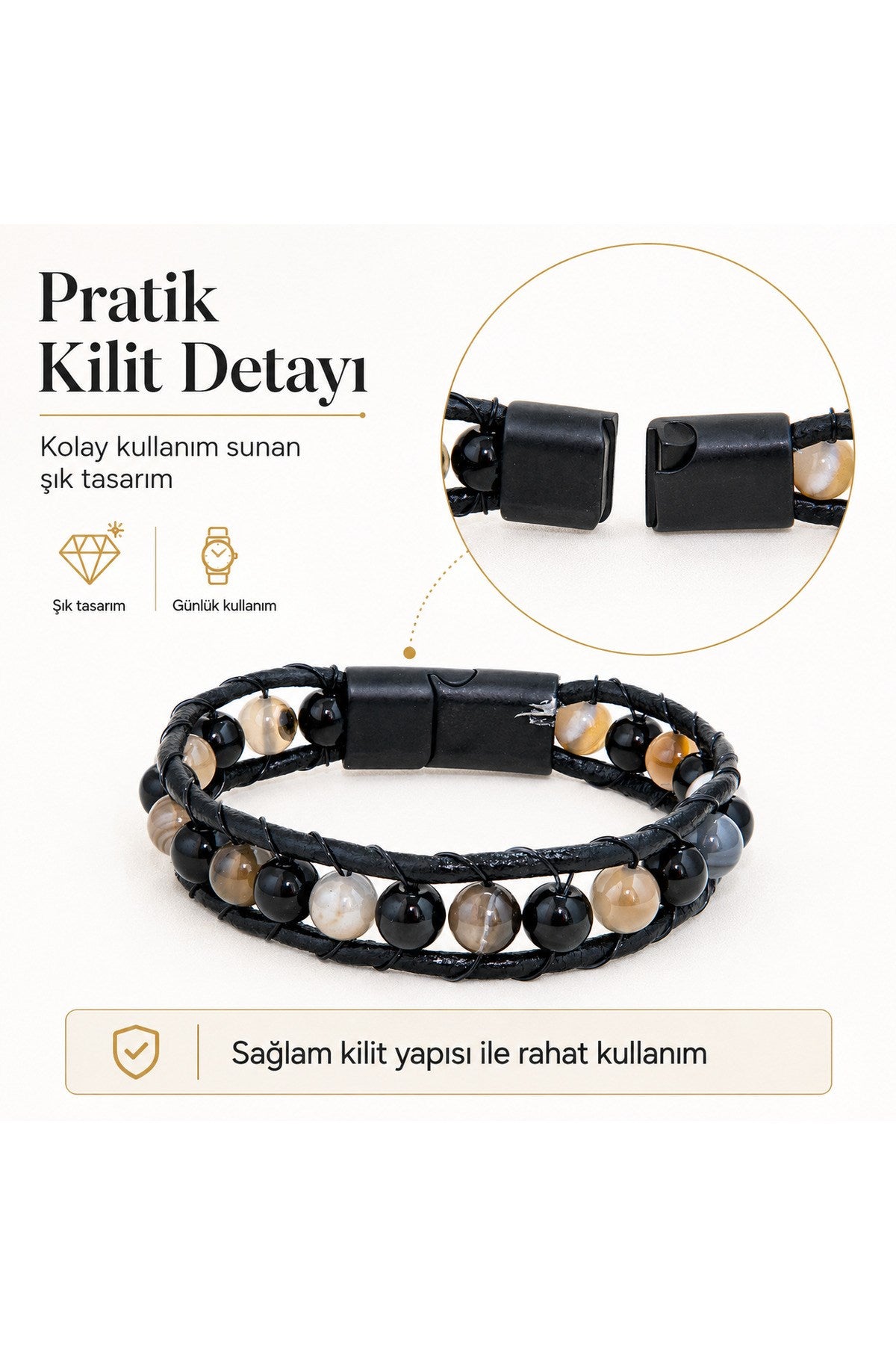 Premium Doğal Taş Tasarım Deri Bileklik Serisi – Gerçek Doğal Taş Akik