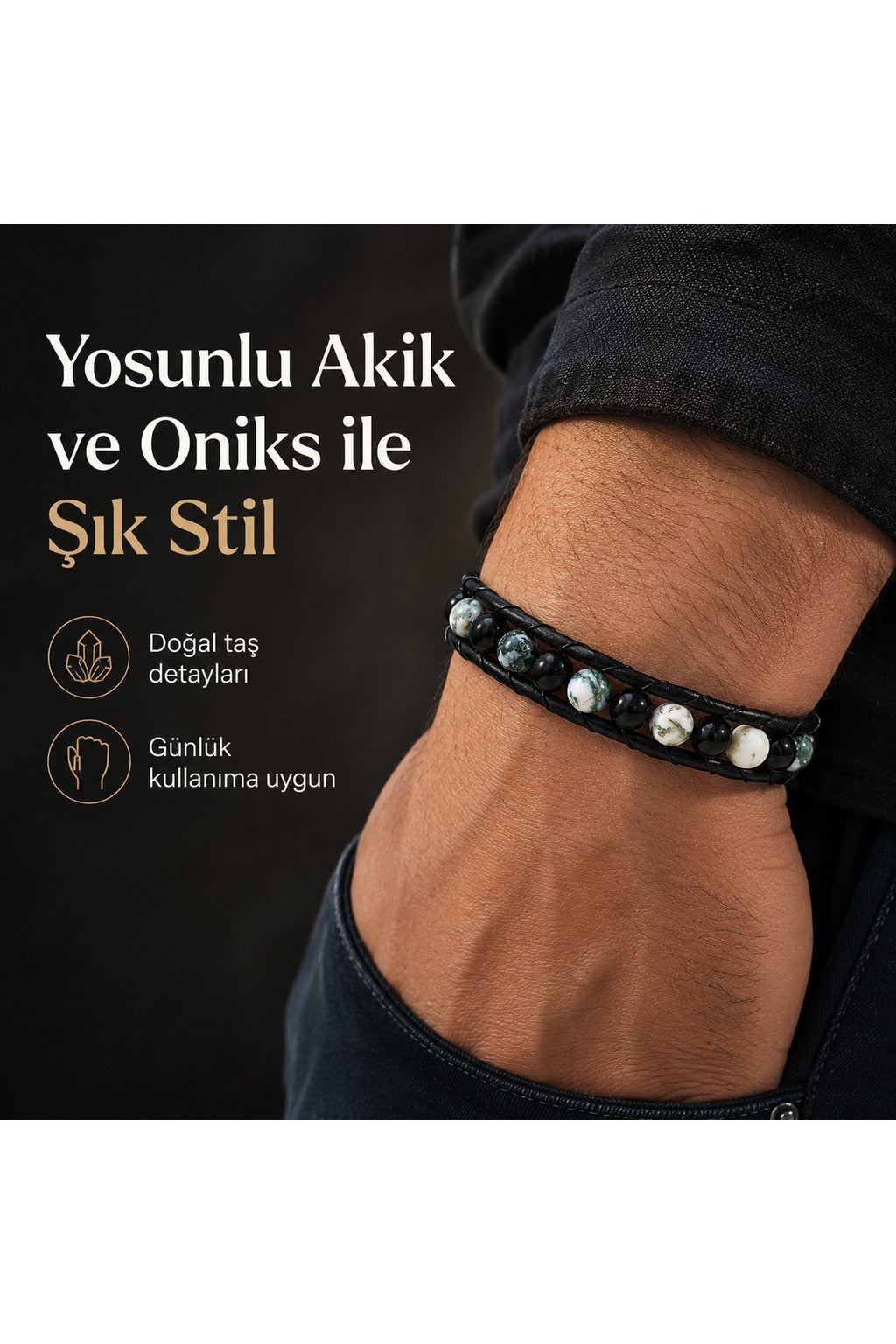 Premium Doğal Taş Tasarım Deri Bileklik Serisi – Gerçek Doğal Taş Yosunlu Akik