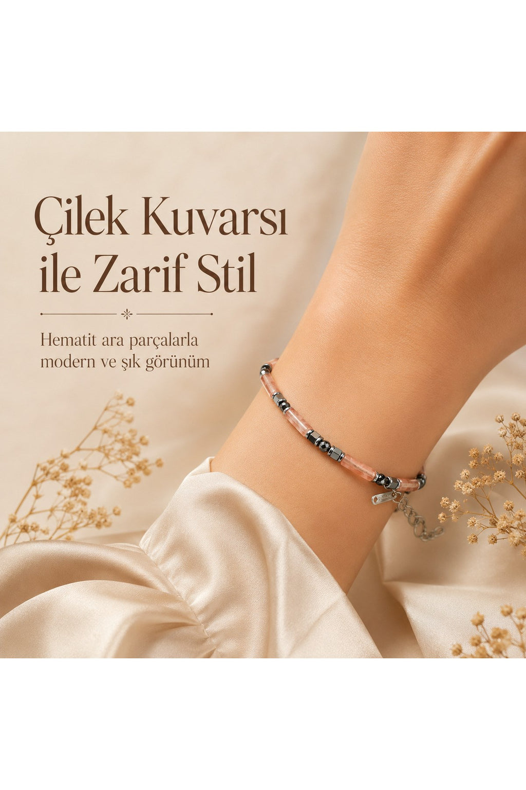 Premium Doğal Taş Tasarım Çelik Zincirli Bileklik Serisi – Zarafetin Doğal Enerjisi Çilek Kuvarsı