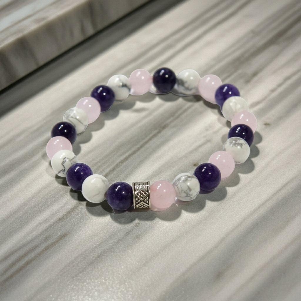 Doğaltaş Ametist Ve Pembe Kuvars Charm Bileklik Şık Enerji Stres Başarı Bilekliği