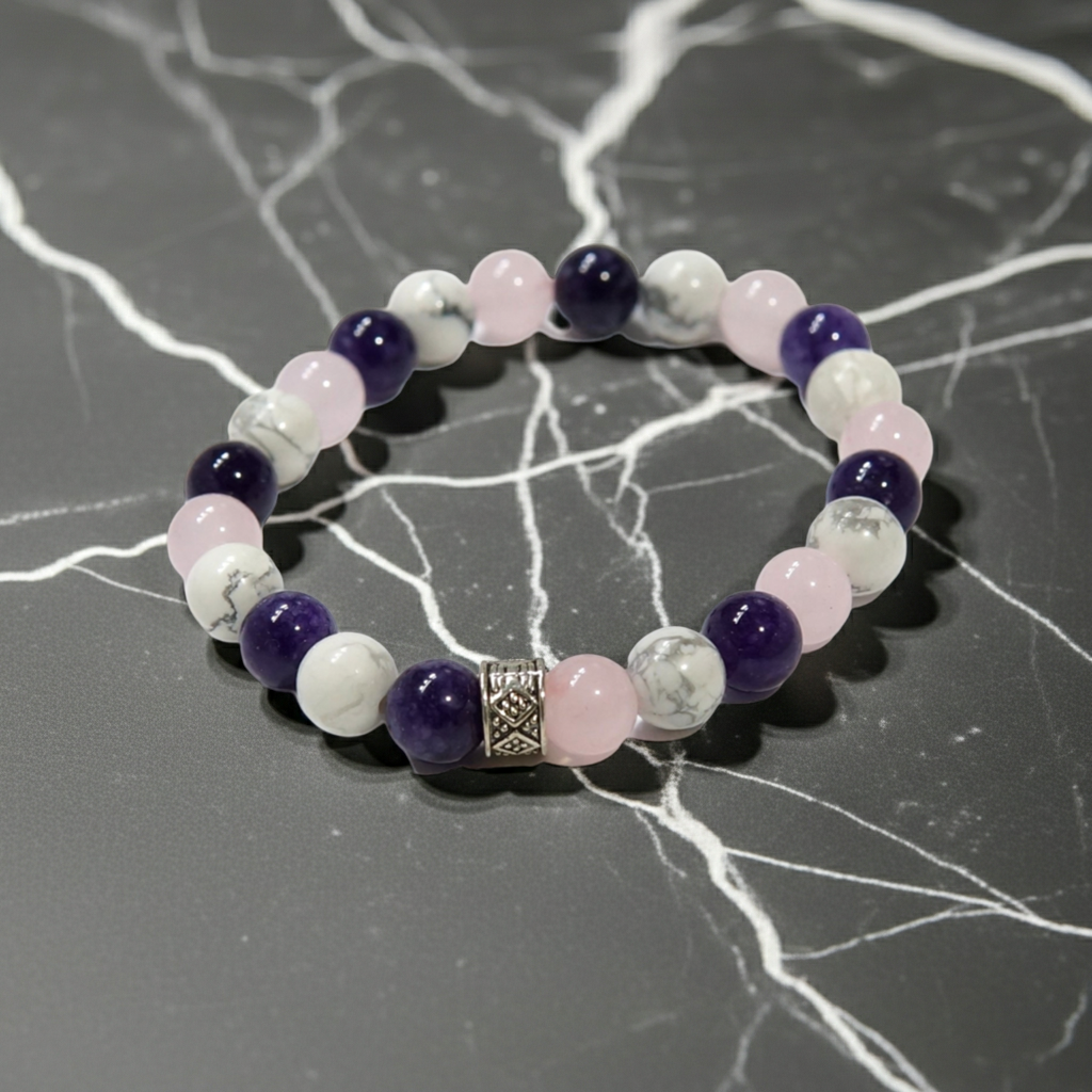Doğaltaş Ametist Ve Pembe Kuvars Charm Bileklik Şık Enerji Stres Başarı Bilekliği