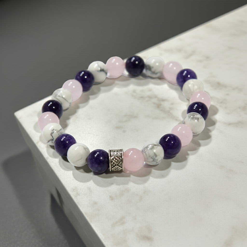 Doğaltaş Ametist Ve Pembe Kuvars Charm Bileklik Şık Enerji Stres Başarı Bilekliği