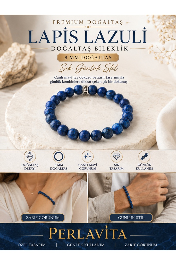 [STK-A06] Bileklik Doğaltaş Sıkma Lapis Lazuli 8 mm - İletişim Odaklanma ve Bilgelik