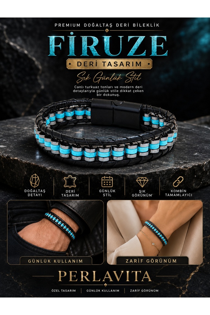 [TC-perlavitaderi6] Premium Doğal Taş Tasarım Deri Bileklik Serisi – Gerçek Doğal Taş Firuze