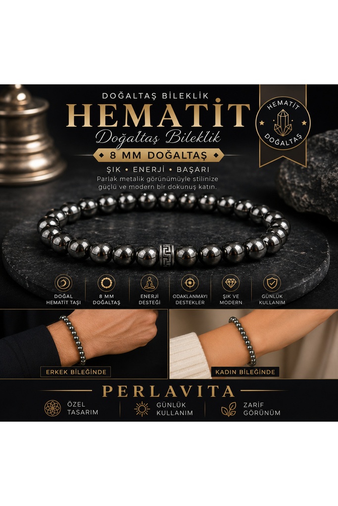 [TC-hmg5364544030113] Doğaltaş Hematit Taşı Charm Bileklik Şık Enerji Stres Başarı Bilekliği