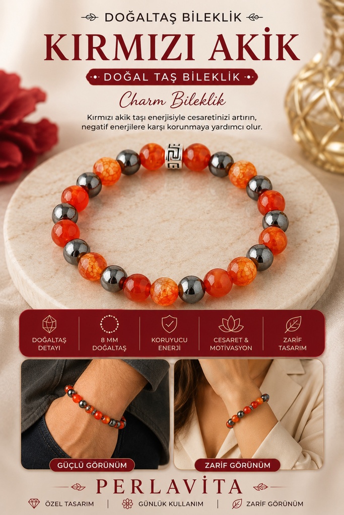 [TC-hmg10025] Kırmızı Bileklik Akik Taşı Bileklik Charm Bileklik Kırmızı Akik Doğal Taş Bileklik