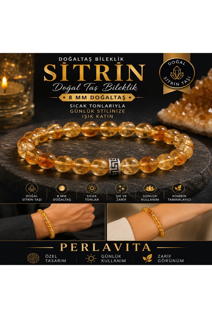 [TC-hmg10035] Perlavita Sitrin Doğal Taş Bileklik 8mm - Günlük Takı ve Hediye
