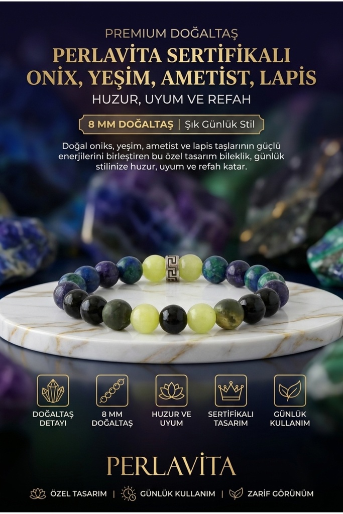 [TC-EAUBT] Perlavita Sertifikalı Onix, Yeşim, Ametist, Beyaz Akik | Huzur, Uyum Ve Refah