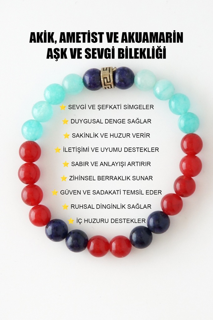 [TC-TYBP8TFRTSQV9O5656] Aşk Ve Sevgi Bilekliği Akik Ametist Akumarin Taşı Doğal Taş Bileklik