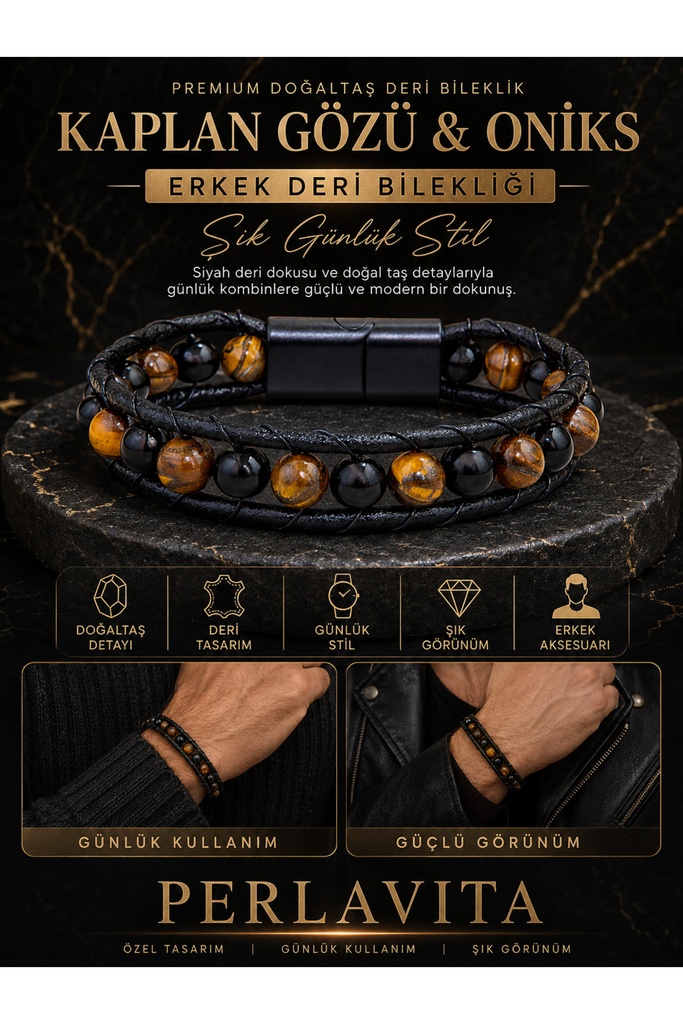 [TC-perlavitaderi5] Premium Doğal Taş Tasarım Deri Bileklik Serisi – Gerçek Doğal Taş Kaplan Gözü Ve Onix