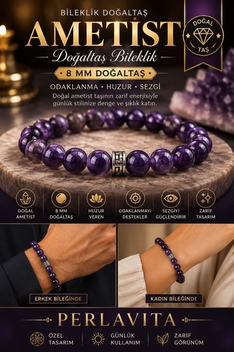 Bileklik Doğaltaş Ametist Sertifikalı 8 mm - Odaklanma Huzur ve Sezgi