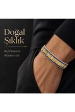 El Yapımı Orijinal Doğaltaş Çelik Erkek Bileklik - Rutil Kuvars Özel Tasarım Erkeğe Hediye (21.5 cm) - Görsel 2