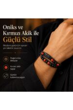 Premium Doğal Taş Tasarım Deri Bileklik Serisi – Gerçek Doğal Taş Kırmızı Akik ve Onix - Görsel 2